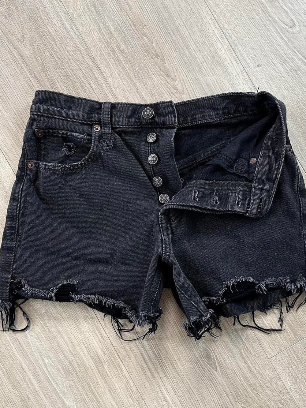 Free People Black Distressed Button-Fly Denim Shorts